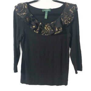 Lauren Ralph Lauren Ruffled Collar Three Quarter Sleeve Rayon Scoop Neck Top⬛️🟫